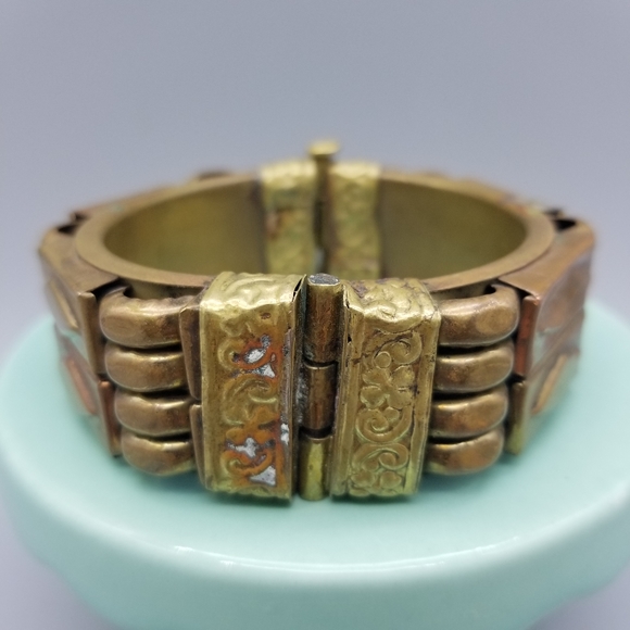 Vintage Chunky Pin Hinged Tribal Brass Or Copper Bracelet - Picture 5 of 10